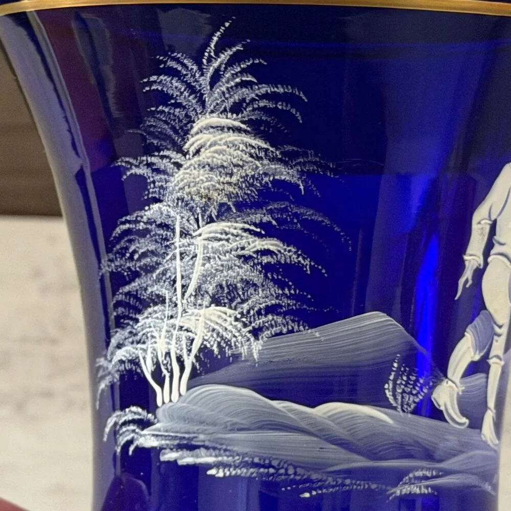 Antique Mary Gregory Cobalt Blue White Enamel Hand Painted Child Glass Vase 8